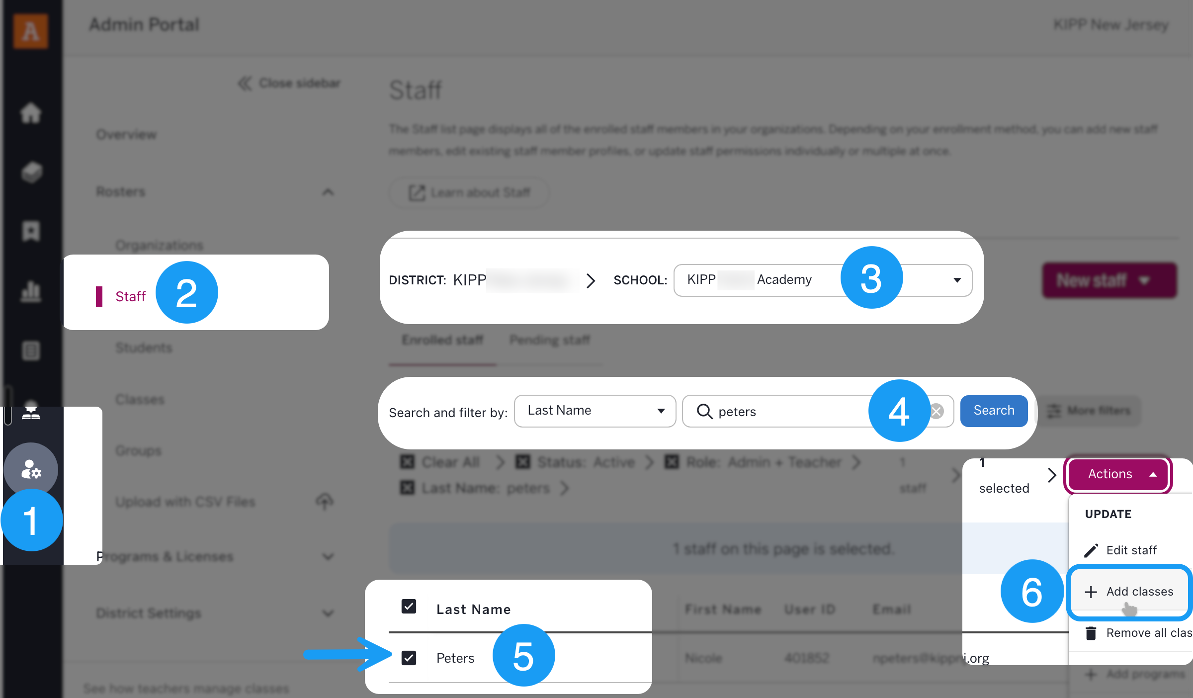 The Amplify Admin Portal Staff menu, with a staff member's checkbox ticked and the Actions menu open on Add classes