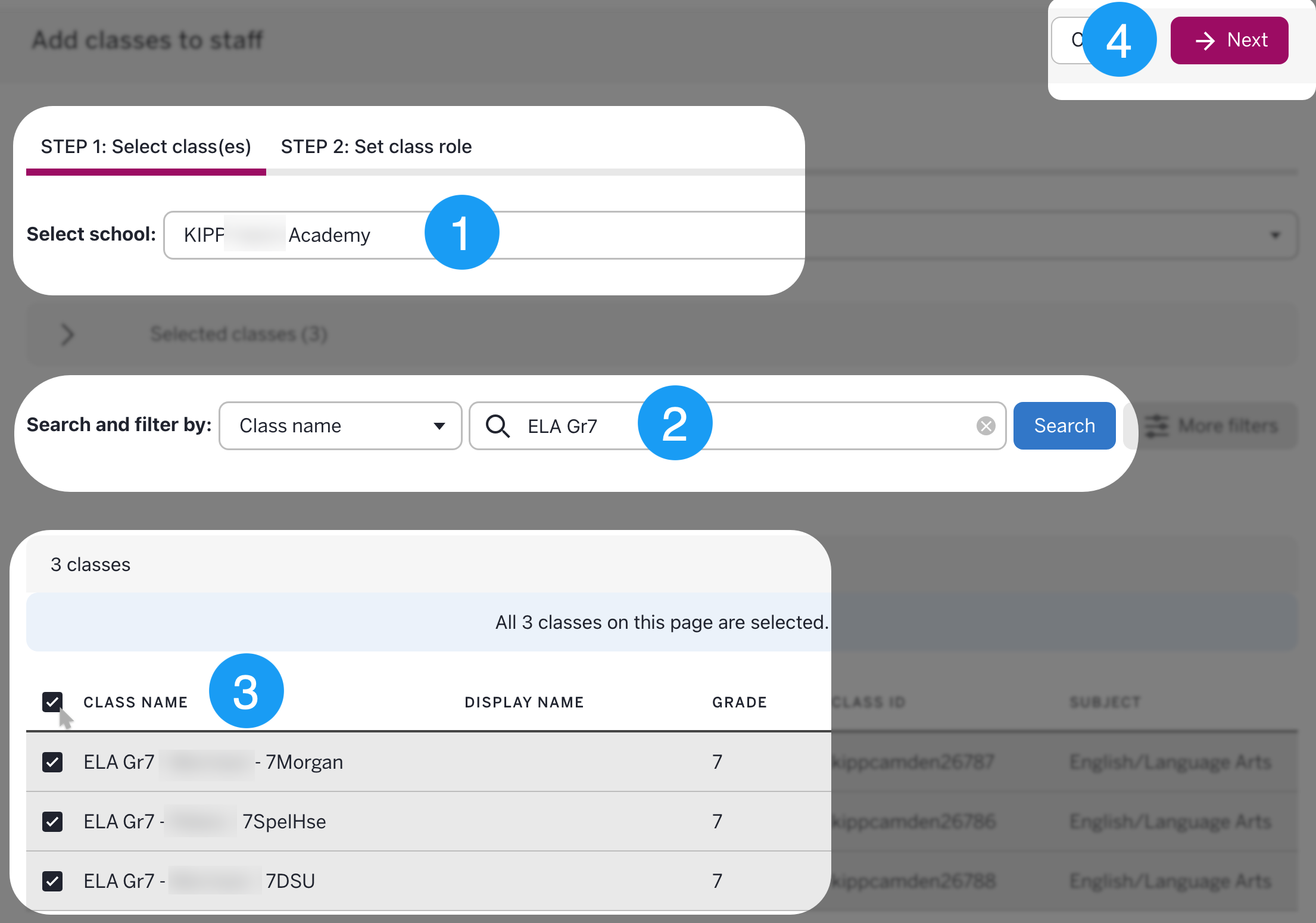 The Amplify class search screen with ELA Gr7 entered and a batch of matching classes selected